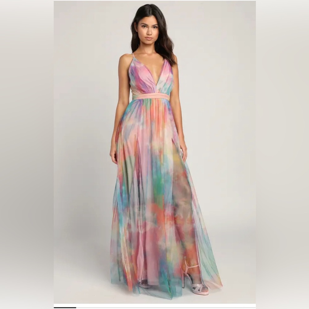 Lulus Elegant Moment Multi Watercolor Tie-Dye Backless Maxi Dress Size S